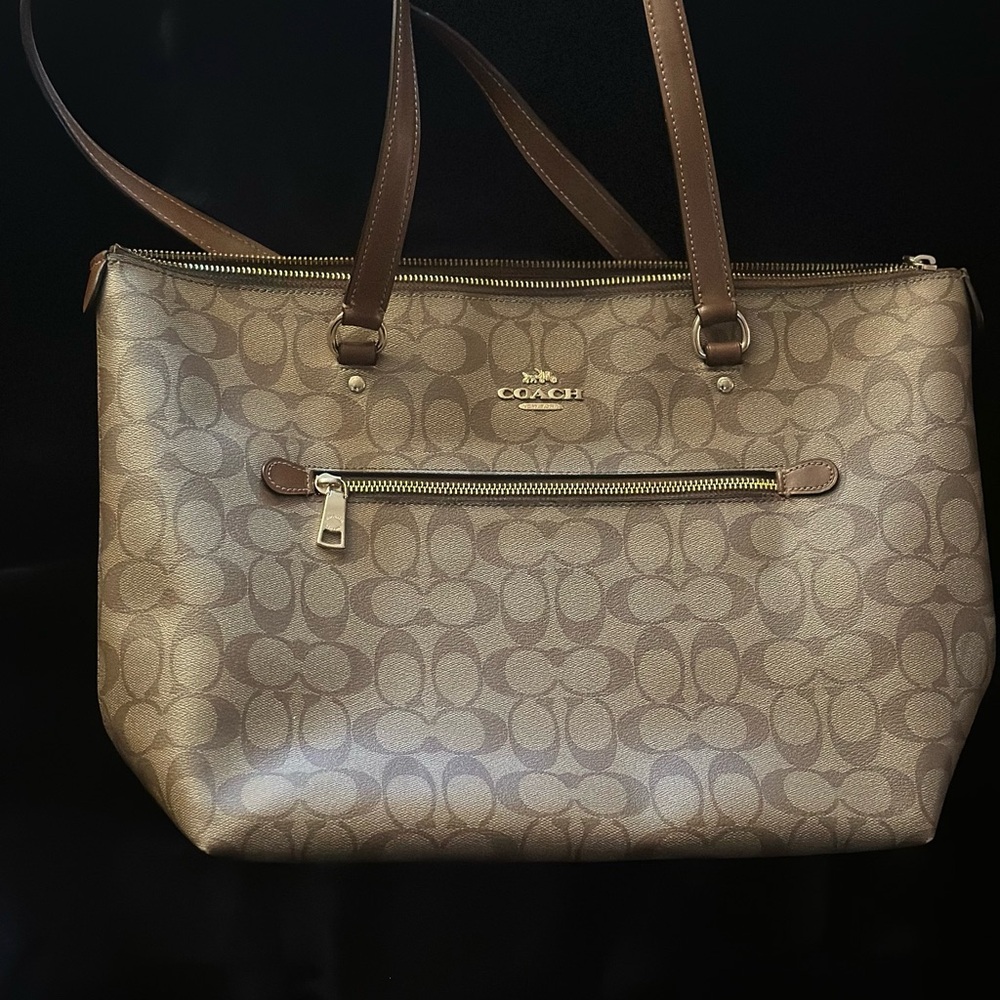 Coach Brown Monogram Tote Bag with Leather Trim